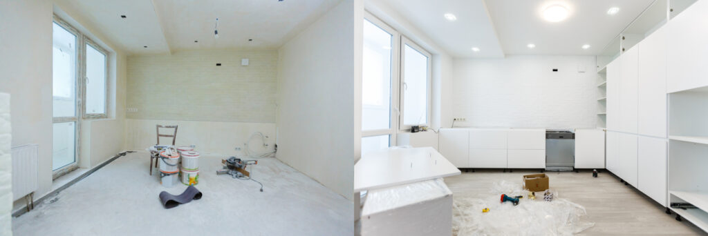 Vorher - Nachher Trockenbau Renovierung Küche Frankfurt: Links Baustelle mit Werkzeug und Schmutz; rechts fertige weiße Hochglanz-Küche mit modernen Geräten und sauberen Wänden von Picta.